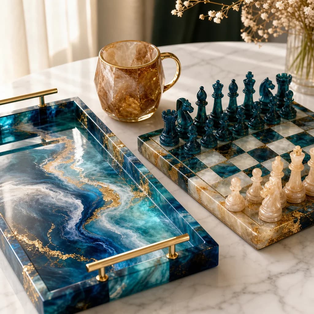 Handmade resin art products — trays, cups and chess sets by Nettes Masterpieces